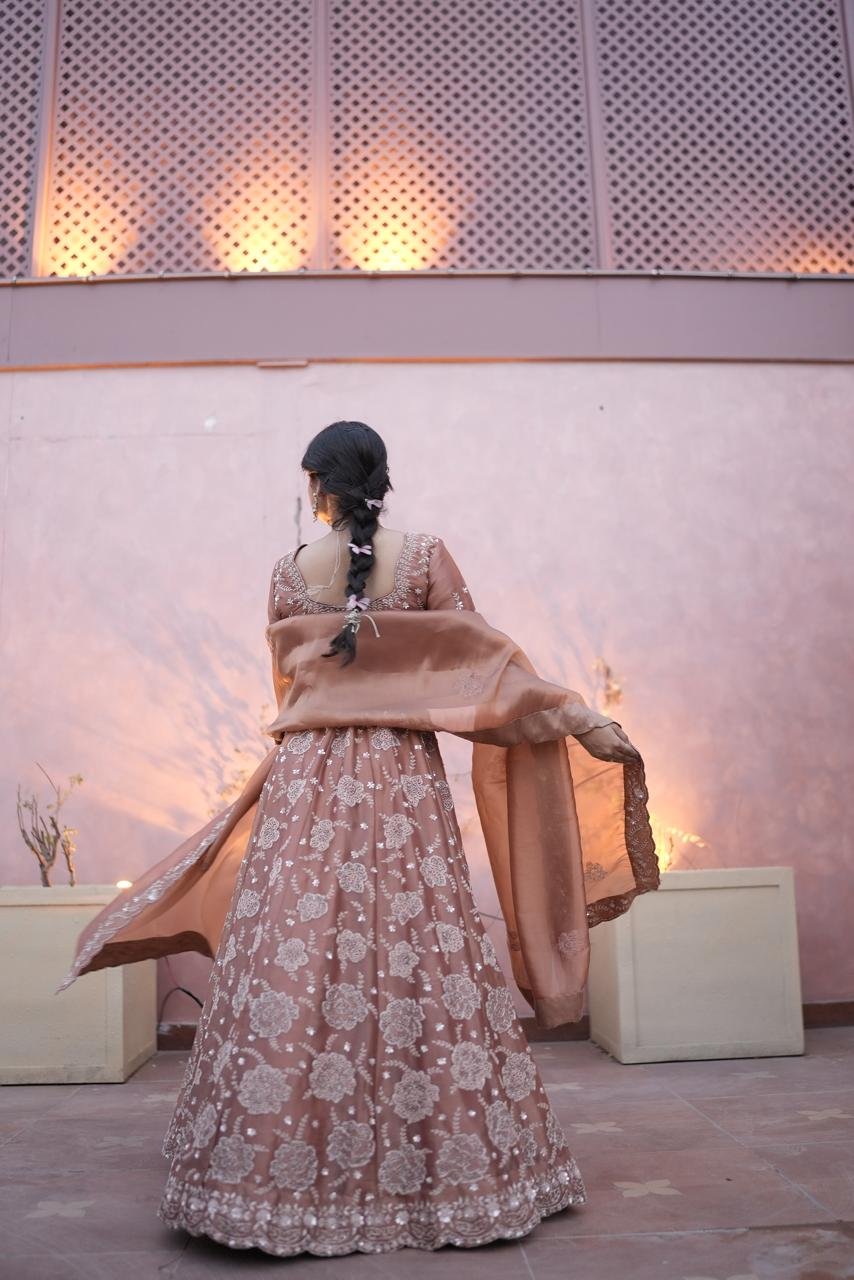 The "Dusty Rose" Floral Threadwork & Mirror Lehenga Set - Image 4