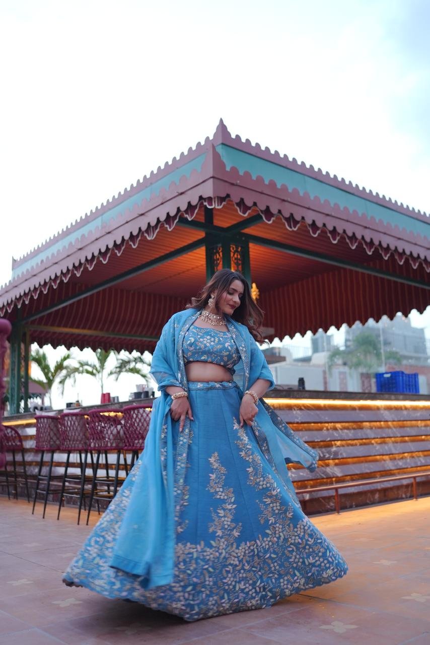 "Aethel Blue" Floral Silk Lehenga - Image 4