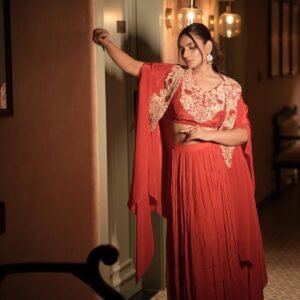 The "Scarlet Bloom" Embroidered Cape & Pleated Skirt Set
