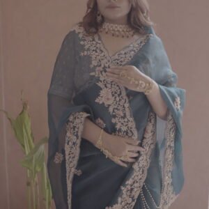 The "Peacock Regalia" Deep Teal Zari Cutwork Organza Saree