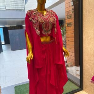 Magenta Pink Hand-Embroidered Indo-Western Cape & Draped Skirt Set